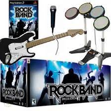 PS2: ROCK BAND BUNDLE - INCL: PS2 CONSOLE; NEW GENERIC CTRL; MEMORY CARD; ROCK BAND SPECIAL EDITION COMPLETE SET - DRUMS,GUITAR;MIC,GAME,MULTI USB ADAPTER,STICKS (IN BOX) (USED)